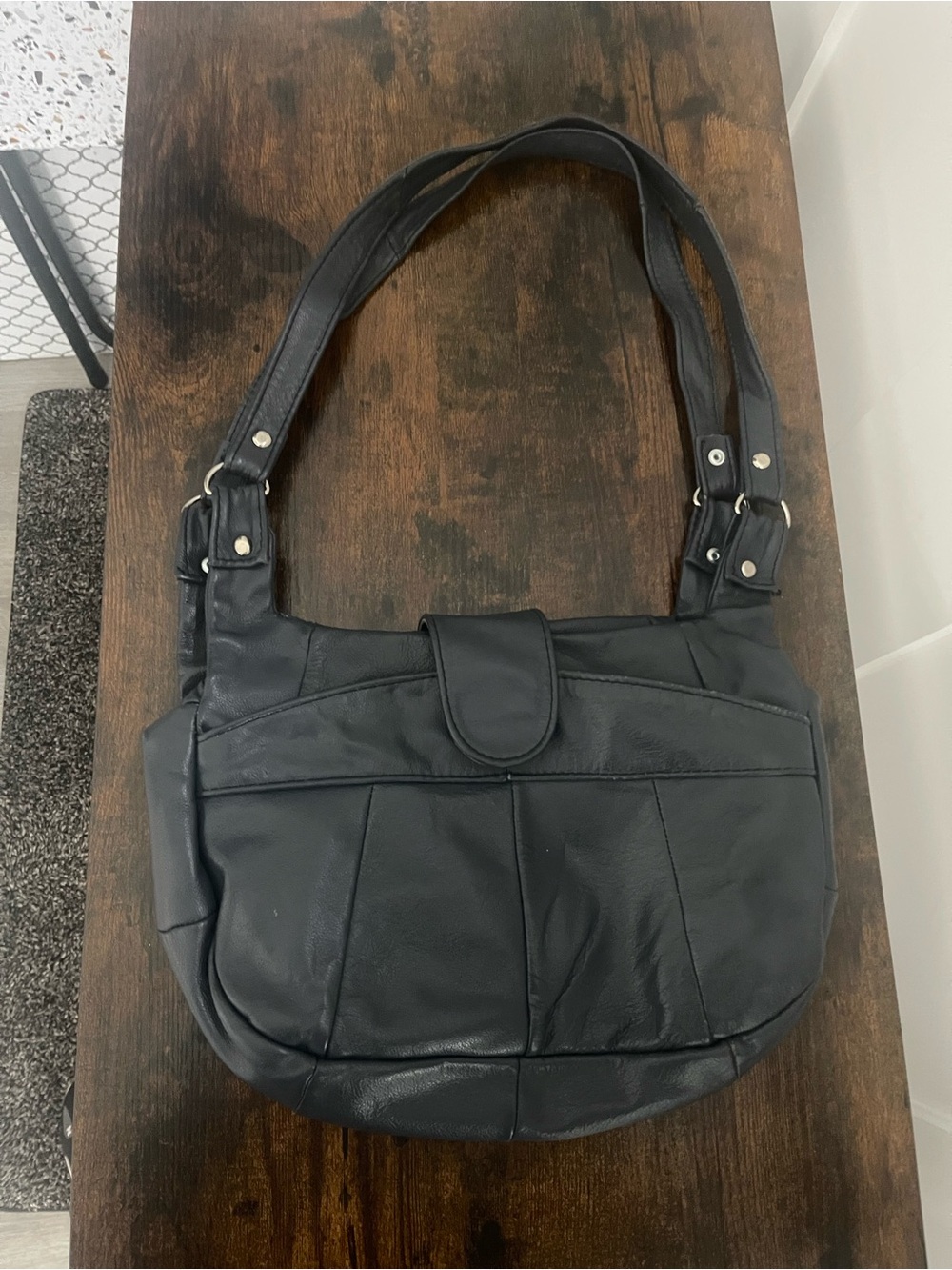 Classic Blue Leather Shoulder Bag - Women's Handbag
